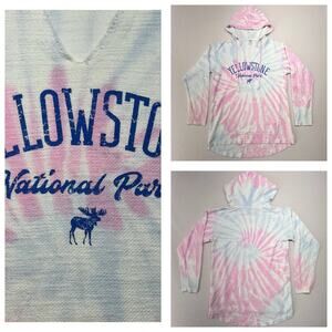 Artisans Yellowstone National Park Hoodie | L | Sunburst Pink Blue Tie Dye Moose